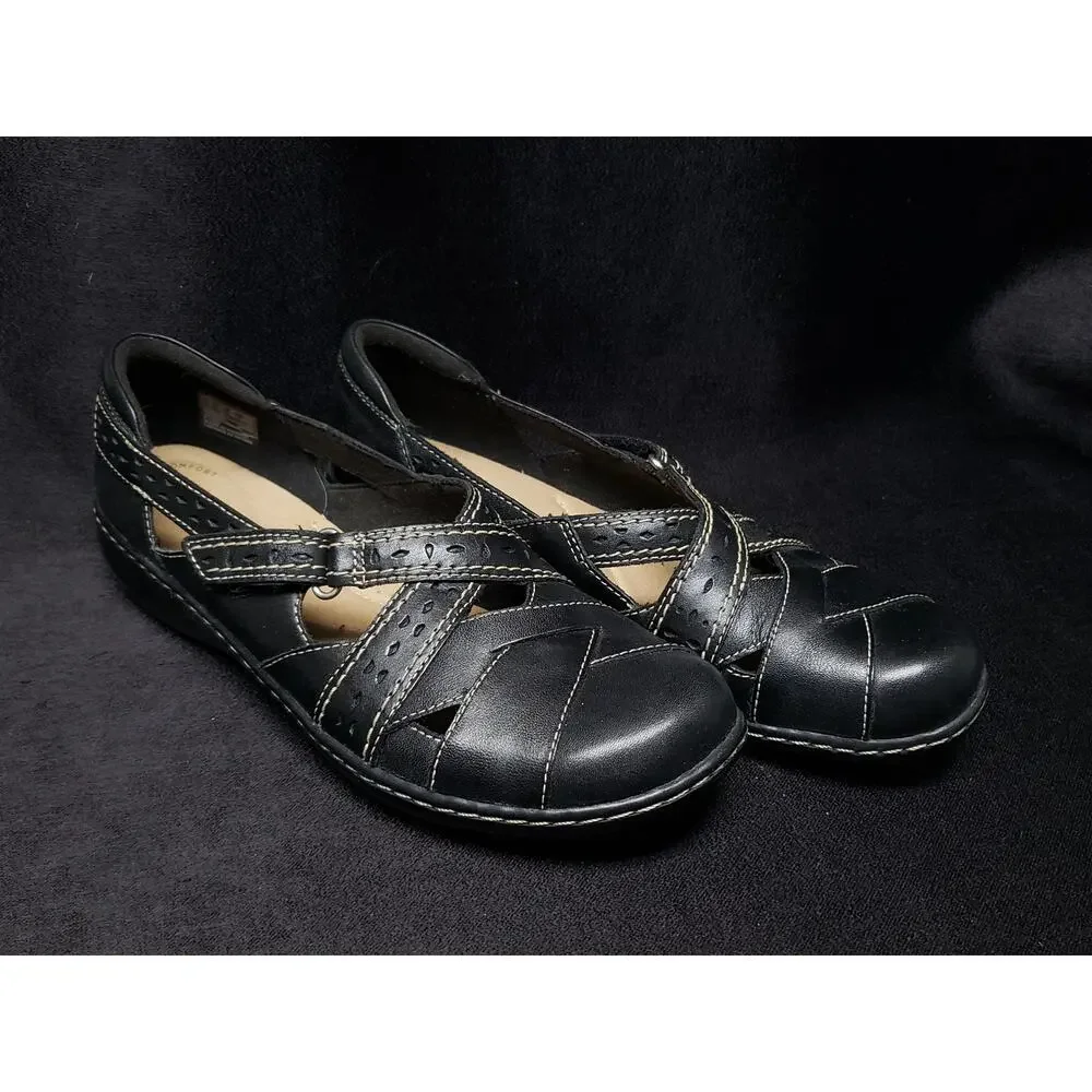 Clarks Ultimate Comfort Black Leather Mary Jane Loafers Adjustable Strap Shoes